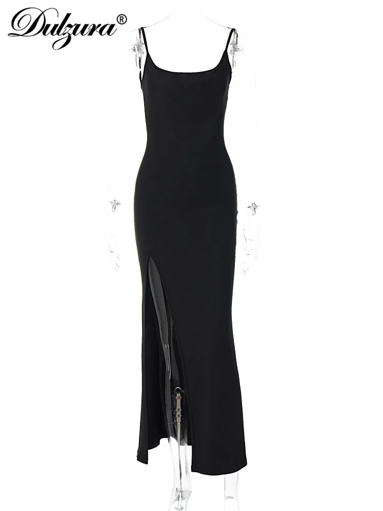 Dulzura Ärmelloses, seitlich geschlitztes Spitzen-Patchwork, rückenfreies Cami-Maxikleid für Damen, sexy, elegantes langes Kleid, Party, Clubwear, Herbst.