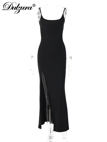 Dulzura Ärmelloses, seitlich geschlitztes Spitzen-Patchwork, rückenfreies Cami-Maxikleid für Damen, sexy, elegantes langes Kleid, Party, Clubwear, Herbst.