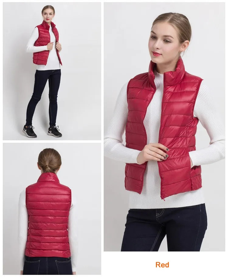 0-10 ℃   Frauen Westen Herbst Winter Ultra Licht Ente Unten Weste Weibliche Dünne Ärmellose Jacke Winddicht Warme Puffer Weste 4XL.