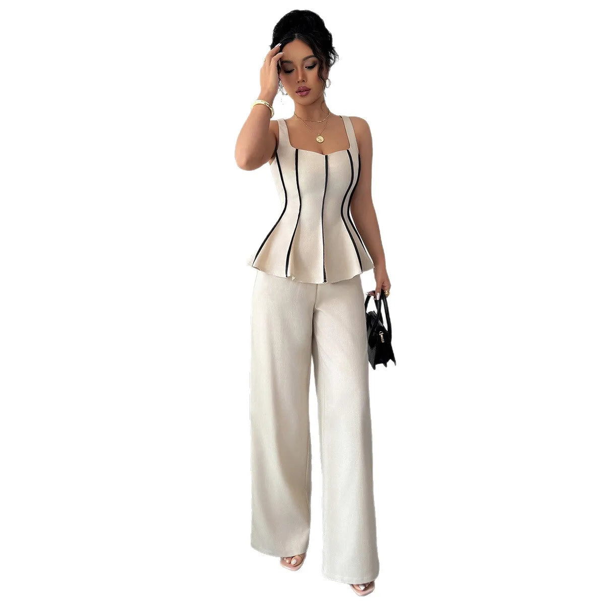 Two Piece Sets Women Pant Set Sleeveless Matching Sets Ruffles Tops Y2k Streetwear Elegant Work Wide Leg Long Pants High Waist.
