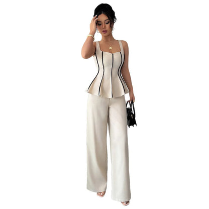 Two Piece Sets Women Pant Set Sleeveless Matching Sets Ruffles Tops Y2k Streetwear Elegant Work Wide Leg Long Pants High Waist.