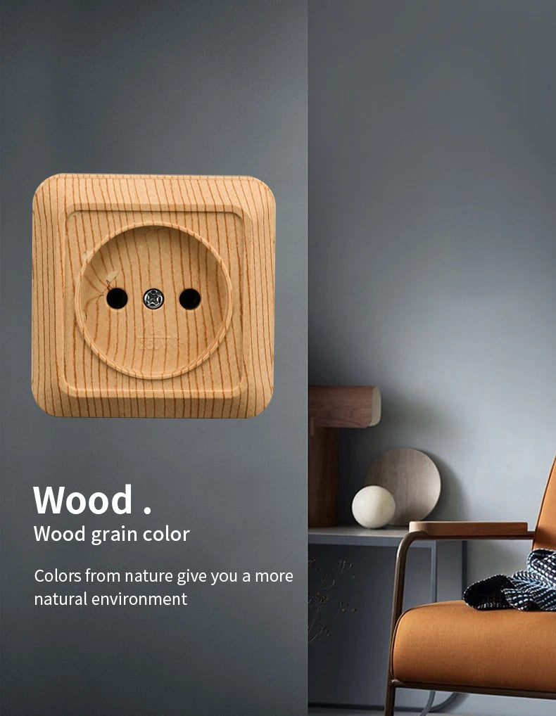 WESA Holz-Wandsteckdose, EU-Standard, Steckdose, Vintage-Imitation, Holzfarbe, Steckdose, flammhemmender Kunststoff.