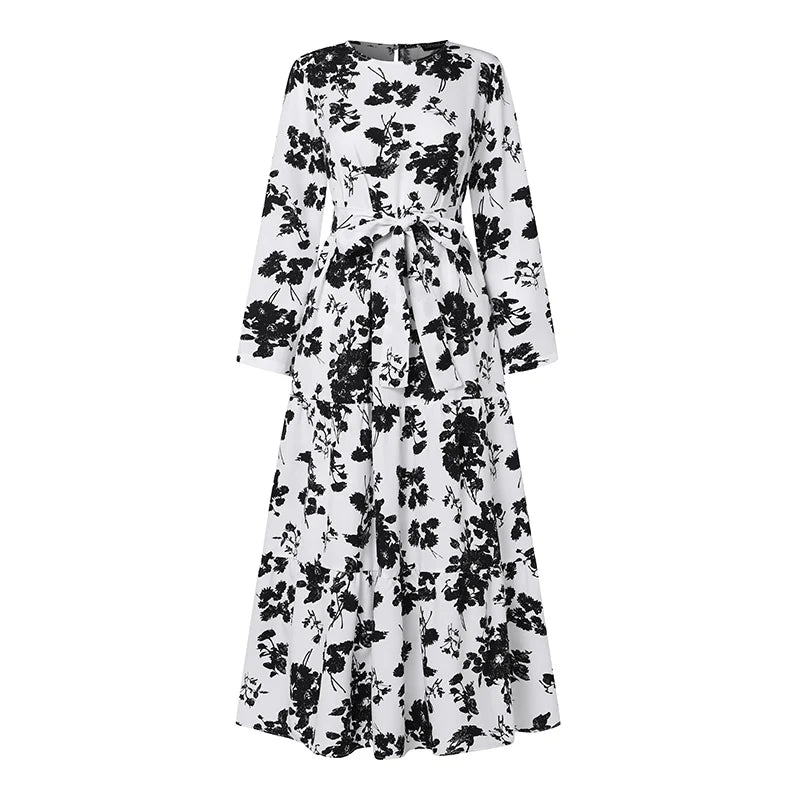 Zanzea Blumen druck böhmischen Maxi kleid Frauen Mode Langarm o Hals abgestufte Vestidos islamische muslimische Gürtel Abaya lange Roben.