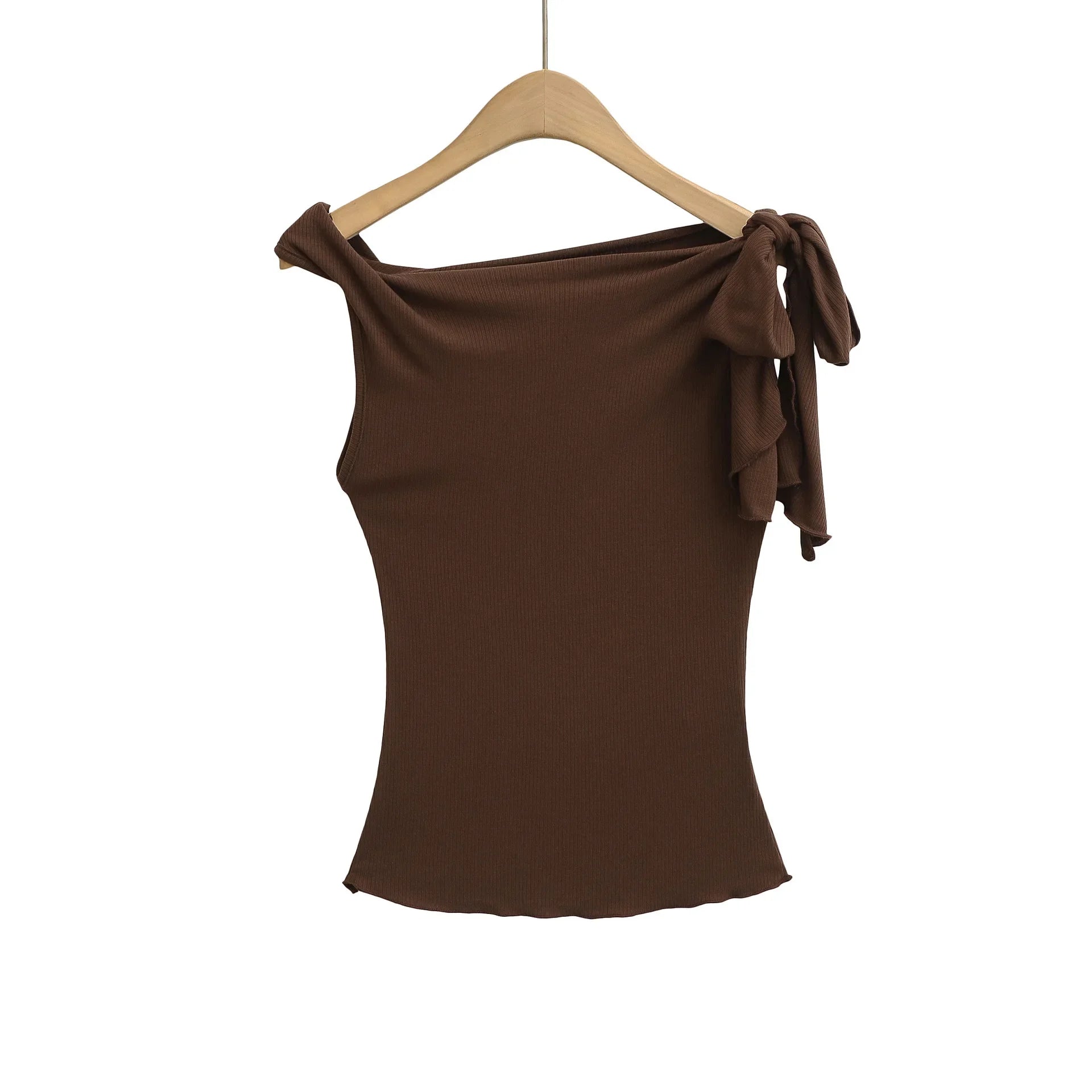 Shoulder Bared Short Sleeve T Shirt Women's Spicy Girl Design Slimming Top Summer New Style One Word Oblique Shoulder Tie Waist.