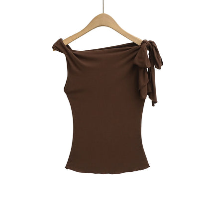 Shoulder Bared Short Sleeve T Shirt Women's Spicy Girl Design Slimming Top Summer New Style One Word Oblique Shoulder Tie Waist.