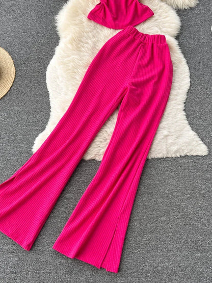 Korean Suits Women's Two Piece Set Summer Slim Fit Sleeveless O-neck Tops High Waist Slits Trousers Two-piece Suit Female D1109.