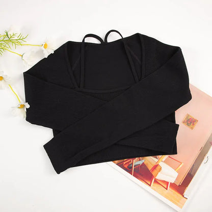 CHRLEISURE Ribbed Seamless Crop Top Women's Long Sleeve Sports Shirt  Elastic Slim Workout Tee Outdoor Yoga Shirts Gym Wear.