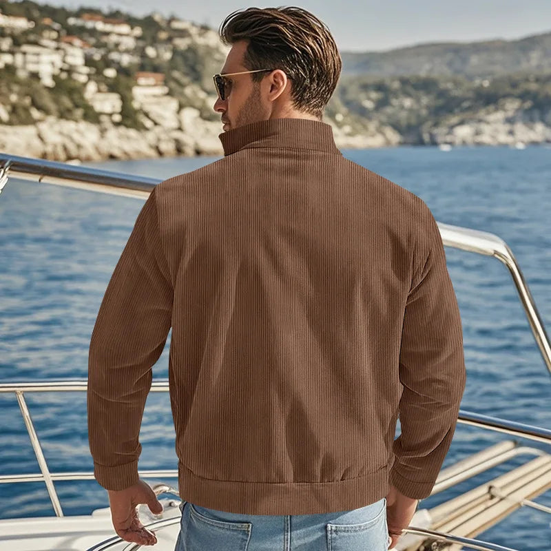 Men's Corduroy Jacket Stand-up Collar Slim Fit Retro Multi-pocket Workwear Commuter Coat for Spring And Autumn