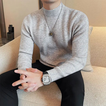 Half Turtleneck Sweater Men with Striped Wool in Autumn Winter Thickened Slightly Loose Base Knitted.