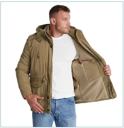 Men's Jacket WINTER USA SIZE Large SIZE Lamb Fleece JACKETS Hooded Cotton Thickened Multi Pocket Casual Mid length Coat