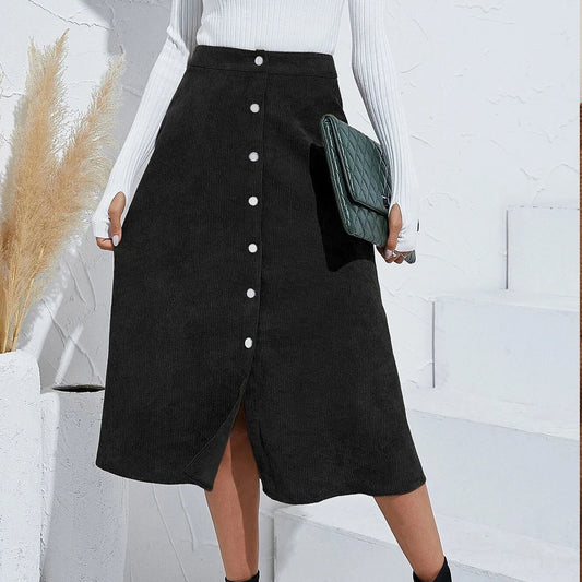 FairyShely Vintage Corduroy Knee Skirt For Women 2025 Autumn Winter Warm Knee High Waist Black Skirts Female Button.