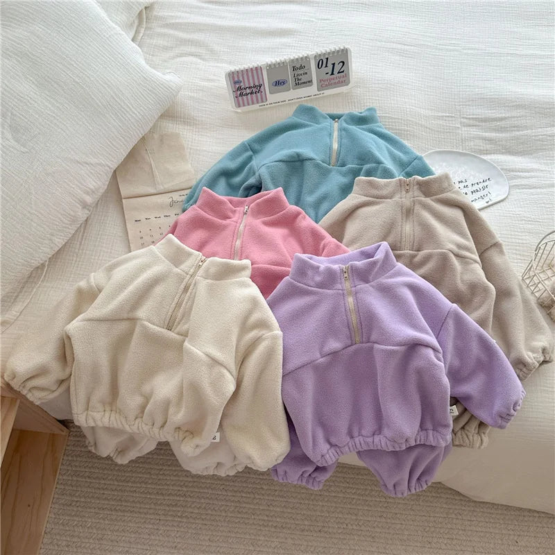 Kids Fleece Warm Set Winter Plus Velvet Outfits Long Sleeved Pullover Tops+Pants 2Pcs Autumn Children's Casual Clothing Suits.