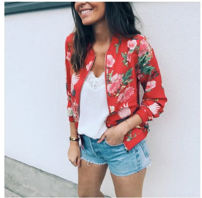 Women Elegant Zipper Bomber Jacket Spring Autumn Floral Printed Jackets Office Wear Slim Office Coat Retro Outwear.