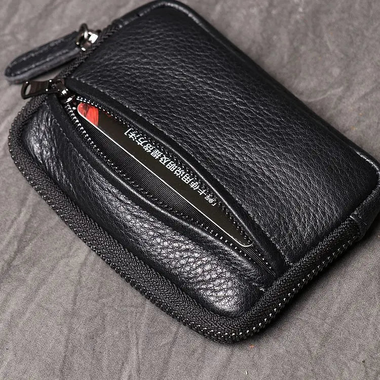 Genuine Leather Suitable for Men Women Pocket Wallets Mini Zipper Small Purses Retro Key Holder Money Bag Coin Change Purse.