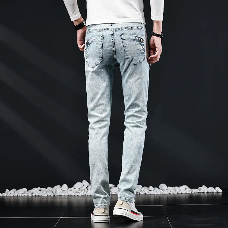 Slim Skinny Jeans Men New Elastic Korean Design Fashion Multi-Button Blue White Vintage Wash Cotton Stretch Denim Pants Trousers.