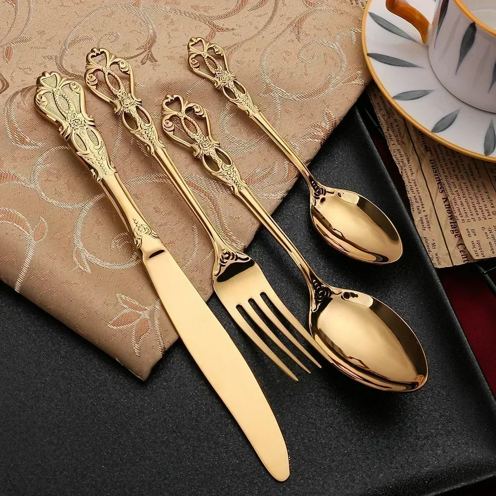 Golden Stainless Steel Cutlery Set Royal European Spoon Fork Complete Tableware Retro Design Dishwasher Safe Elegant Flatware.