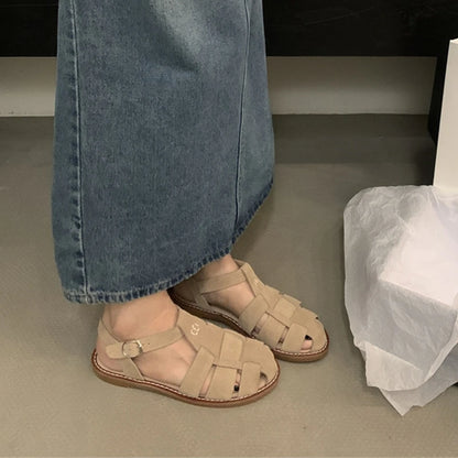 DIMANYU Women's Roman Sandals 2023 Summer New Flat Retro Real Leather Ladies Sandals Hollowed Women's Cage Shoes