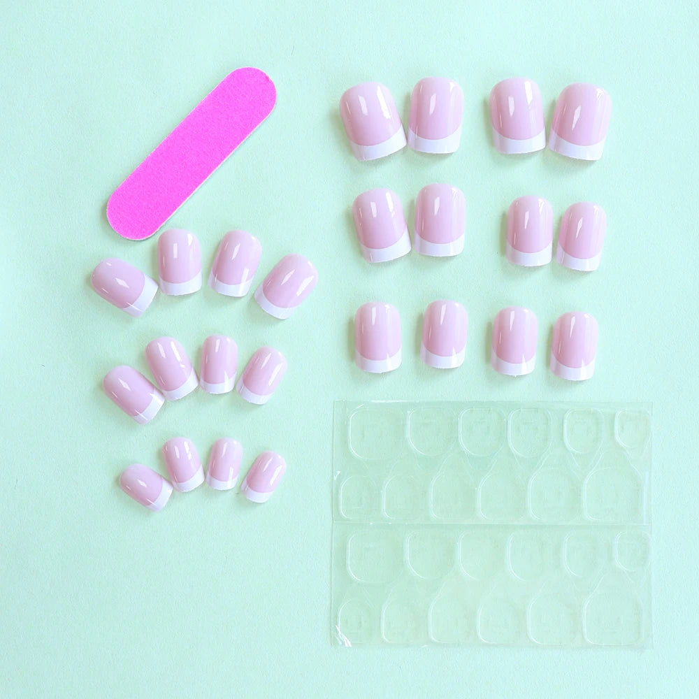 ARTAUG 24PCS Short Press On Nails Square Pink Fingertip White French Trim Press On Nails Full Cover Fake Nails Set Nail.