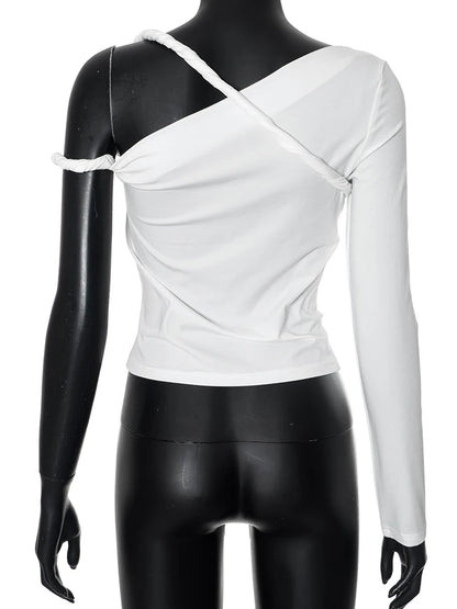 kliou Incline Shoulder Women T-shirts Classic New All-matched Single Sleeve Strap Skinny Crop Tees Mujer Chic Fashion Street Top.