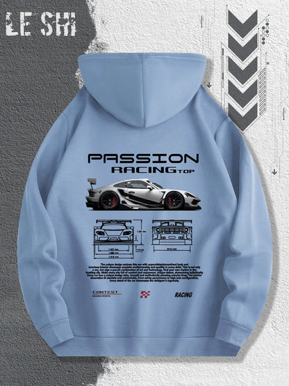 2025 Men's Autumn and Winter Car Print Hooded and Fleece Versatile Sporty Casual Loose Street Style Autumn and Winter Pullover.