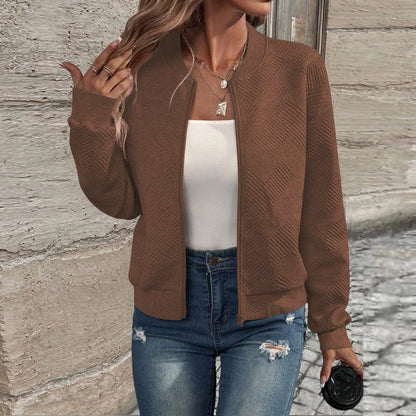 Damen Herbst und Winter neue einfarbige einfache und exquisite Reißverschlussjacke Baseballkragen Freizeitjacke.