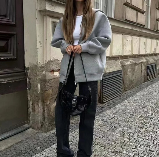 2024 frühling und Herbst Neue Casual Straße Lose Oversize Mit Kapuze Zipper Hoodie Raum Baumwolle Jacke Mantel Faul frauen Strickjacke.