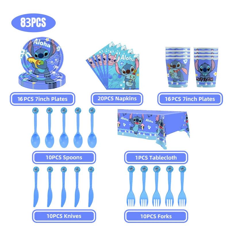 Stitch Party Supplies für Kinder Lilo und Stitch Geburtstag Party Dekorationen Luftballons Banner Tischdecke Hintergrund Geschirr
