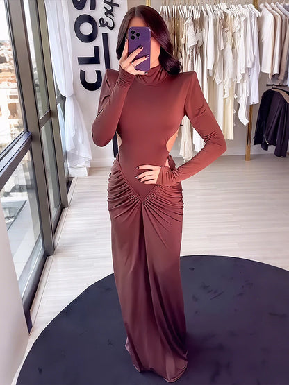 Kliou Raffen Mantel Frauen Maxi Kleider High Street Klassische Volle Hülse Gerade Schulter Backless Vestidos Mujer Abend Tragen.