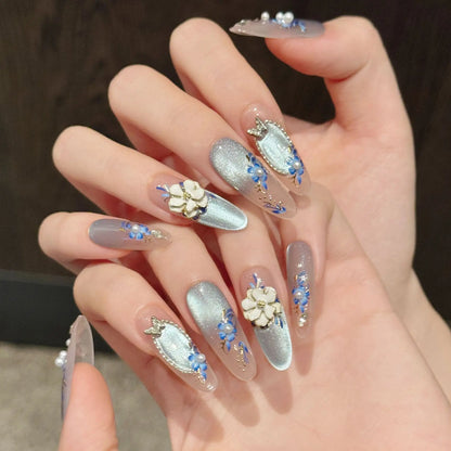 10pcs Pink Cat Eye False Nails 3D Butterfly Fake Nails Diamond Pearl Press on Nails Gradient French Glue on Nail Almond Nail Art.