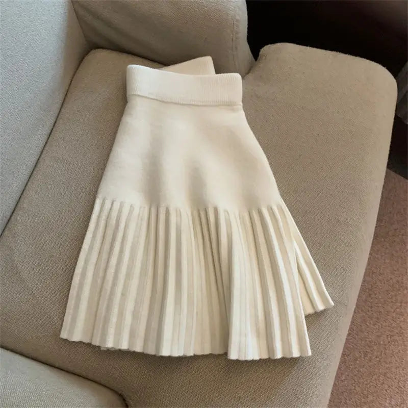 Pleated Mini Skirts Korean Sweet Knitted Skirts Sweet Elastic Waist Ladies Casual Youthful For Women's Clothes Solid Fashion New.