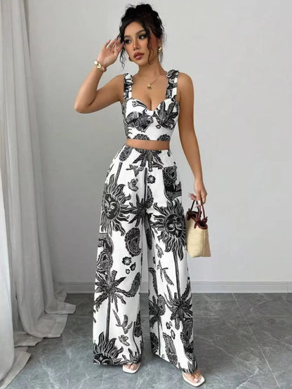 Two Piece Sets Women Pant Print Sling Tops High Waist Wide Leg Pants Drawstring Matching Sets Casual Backless Tops Summer 2025.