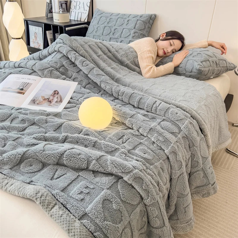 Heart Pattern Coral Fleece Blanket Autumn Winter Double Layer Thicken Warm Plush Blanket for Bed Fluffy Soft Sofa Throw Blankets