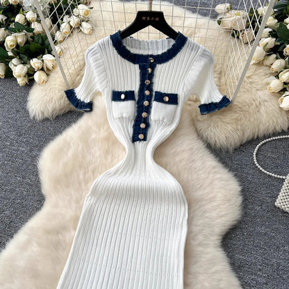 YuooMuoo Chic Mode Sexy Pakete Gestrickte Maxi Kleid Frühling Sommer Vintage Denim Patchwork Lange Pullover Kleid Dame Vestidos.