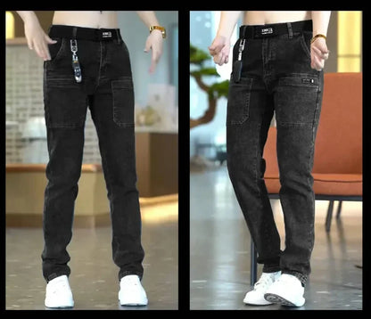 Men Cargo Pants Slim Stretch Jeans Multi Pocket Fashion Streetwear Designer Skinny Male Denim Trousers Brand Clothes Blue Black.