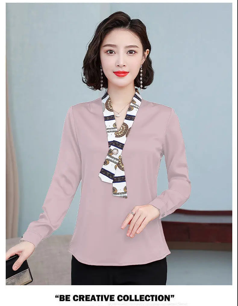 Women's fashionable streamer tops fashionable and elegant small fragrance style covering the belly satin shirt.