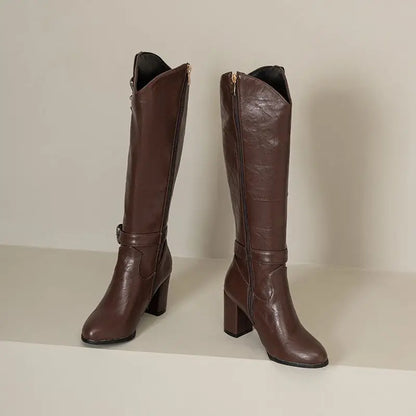 Girseaby British Style Women Knee High Boots Round Toe Block Heel 7.5cm Zipper Plus Size 51 52 Fashion Riding Bota
