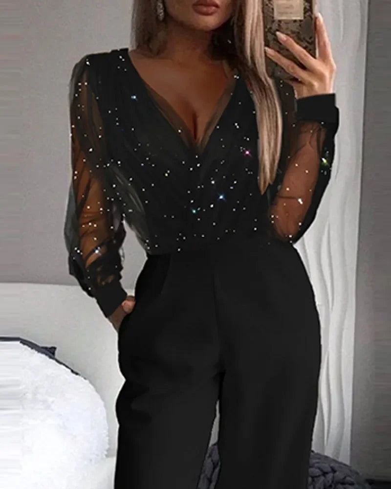 Jumpsuit Women Elegant Slim Long Pants One Piece Outfit V-neck Party Club Rompers Summer 2025 Sexy Lace Straight Leg Jumpsuits.