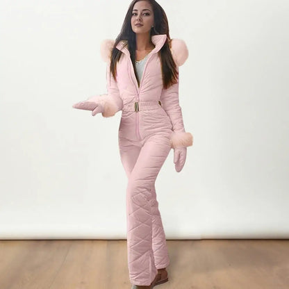 2025 Women Ski Jumpsuit Warm Snowsuit Winter Women's Snowsuit with Gloves Hood Windproof Ski Outfit with Elastic Waist Zipper fo.