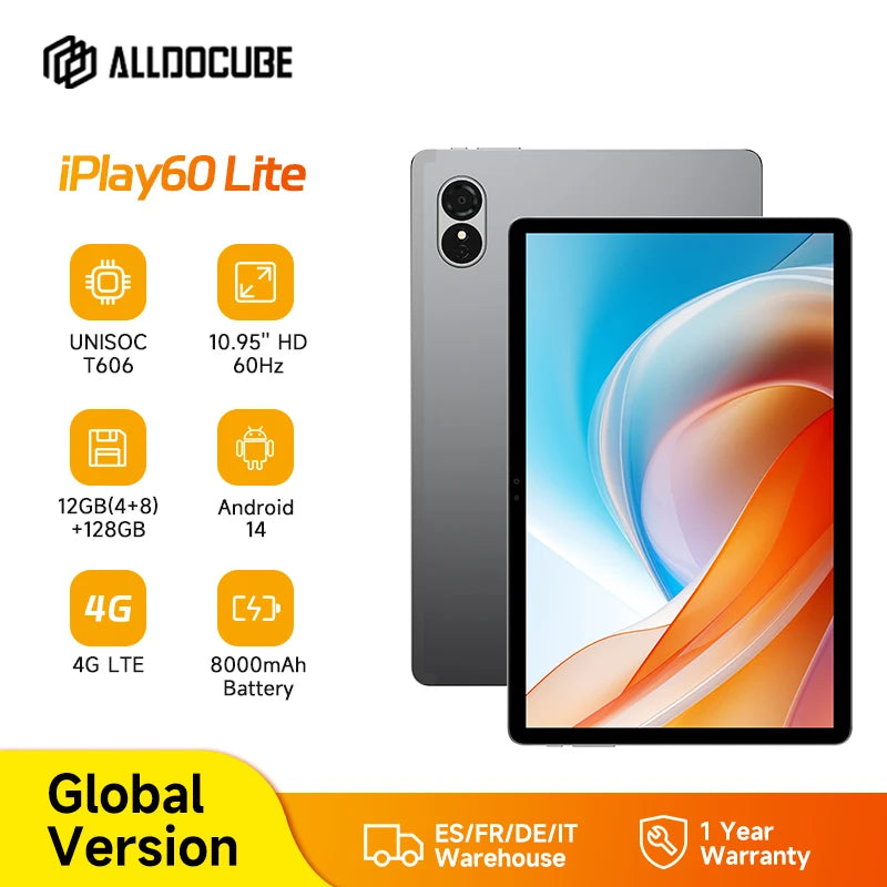 ALLDOCUBE iPlay60 Lite Tablet 10.95" 60Hz Display Unisoc T606 12GB(4GB+8GB Virtual)RAM 128GB ROM 4G LTE 8000mAh Android 14.