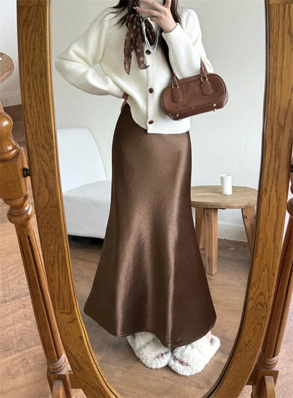 High Waist Women's Fleece-Lined Thickened Elegant Long Skirt Satin Mermaid Skirt Elegant Drapey Bodycon Skirt For Autumn Winter