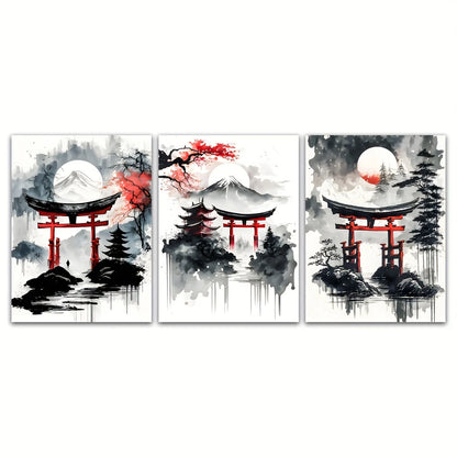 3pcs Frameless Japanese Natural Landscape Canvas Painting Black And Red Posters Vintage Ink Art Wall Prints For Living Room Home.