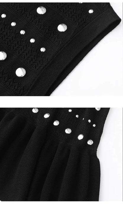 Gestricktes Kleid im europäischen und amerikanischen Design für Damen, Frühling/Sommer, Rundhalsausschnitt, heiße Perlen, einzigartiger, schlankmachender langer Stil.