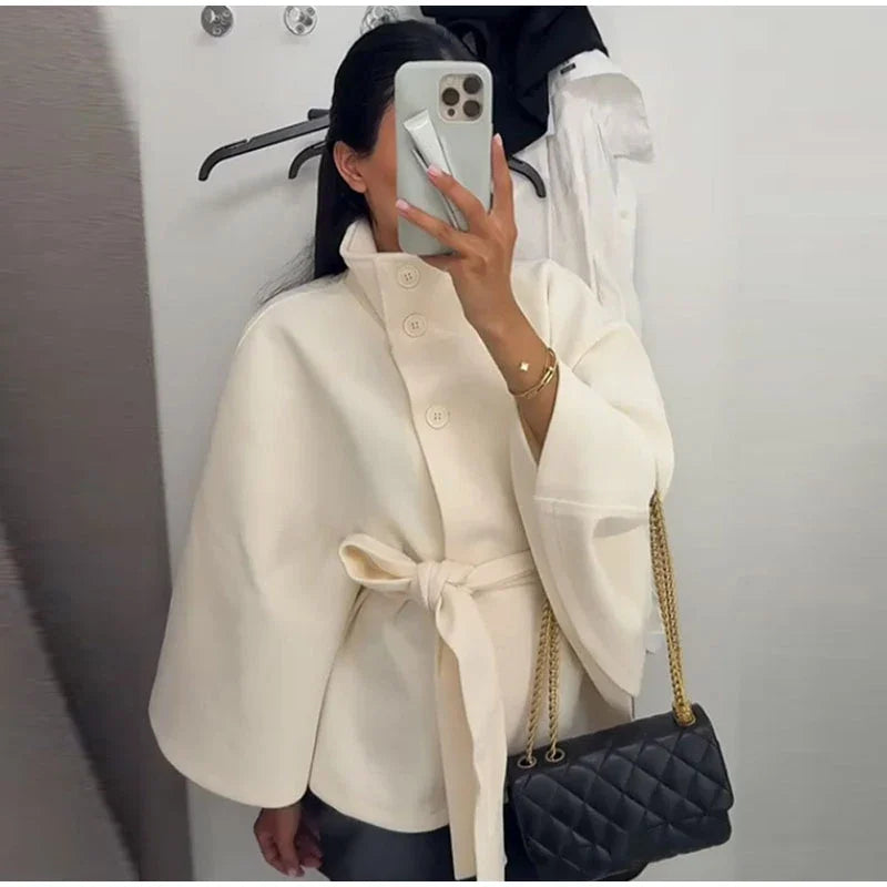 Damenmantel, kurze Cape-Mäntel für Damen, Gürtel, Mäntel aus Kunstwolle und Mischungen, Herbst-Winter, feste Mäntel, elegante Umhangjacke für Damen.