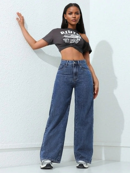 American Style High Waist Wide Leg Jeans Women's Spring New Loose Slim Straight Floor-Length Denim Pants.