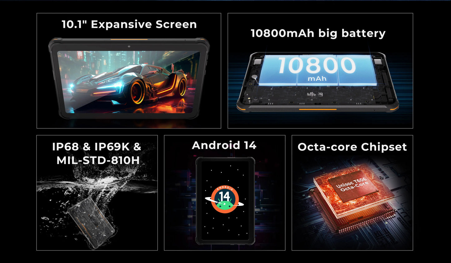 Rugged Tablet HOTWAV R8, 12 (4+8) Go + 128Go, 10.1'', 5MP Front + 13MP Rear Cameras, Android 14.0, 10800mAh Battery, Dual SIM, GPS, 4G.