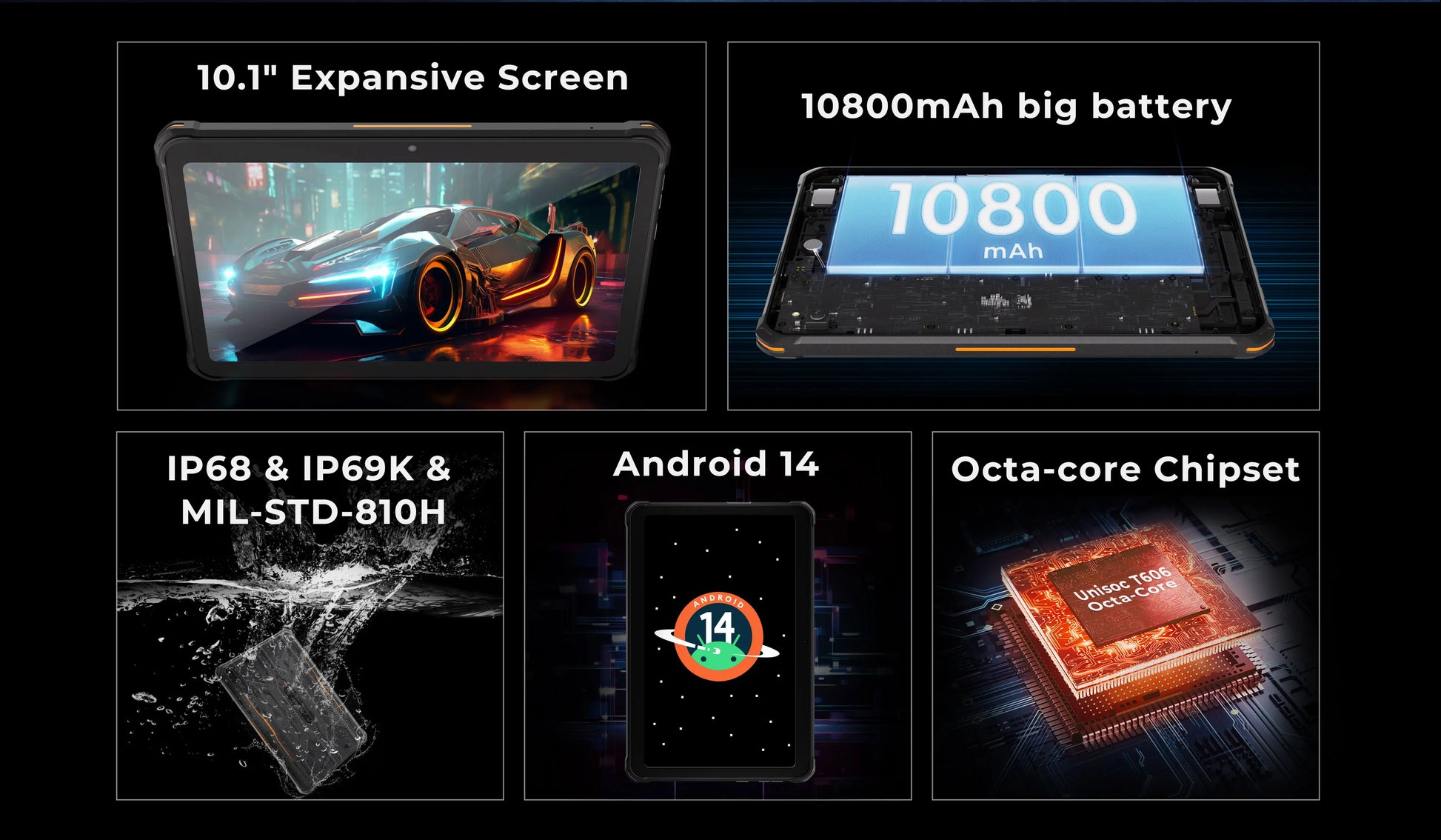 Rugged Tablet HOTWAV R8, 12 (4+8) Go + 128Go, 10.1'', 5MP Front + 13MP Rear Cameras, Android 14.0, 10800mAh Battery, Dual SIM, GPS, 4G.