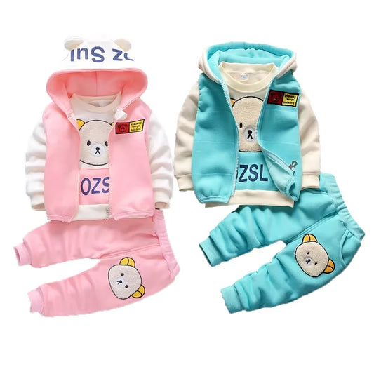 Baby Warm Clothes Sets Autumn Winter Boys Girl Thick Velvet Sport Suits Kids Clothes Outfits Infant Tops+Vest+Pants 3Pcs 0-4Y.