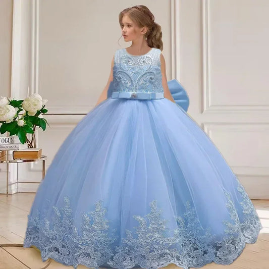 Gesticktes Mesh-Hochzeitskleid, Blumenmädchen-Performance-Mädchenkleid, 4–12 Jahre altes Mädchen-Prinzessinnenkleid mit großer Schleife.