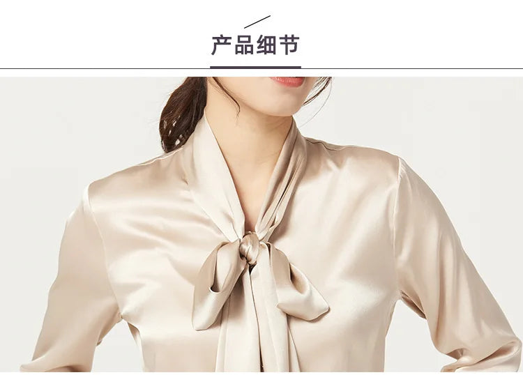 Heavyweight Mulberry Silk Shirt Women's 2025 Spring And Autumn New Long Sleeve Satin Silk Blouse V-neck Bow Ribbon Shirt