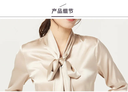 Heavyweight Mulberry Silk Shirt Women's 2025 Spring And Autumn New Long Sleeve Satin Silk Blouse V-neck Bow Ribbon Shirt